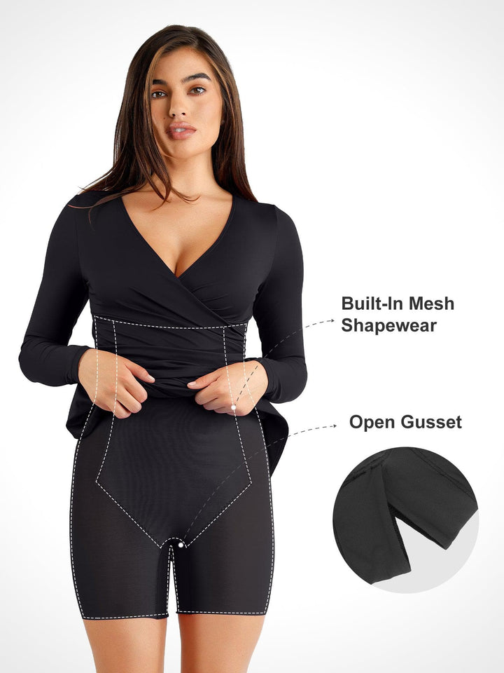 Shapewear Ruched Long Sleeve Faux Wrap Slimming Midi Dress - Modefluss