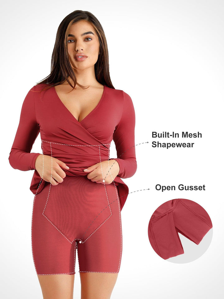 Shapewear Ruched Long Sleeve Faux Wrap Slimming Midi Dress - Modefluss