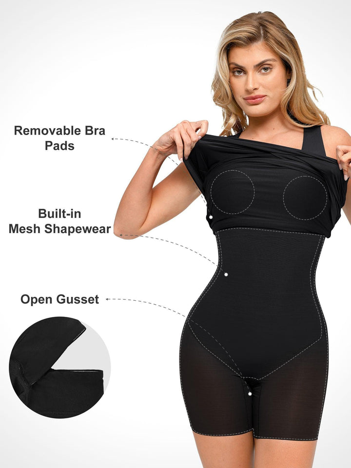 Shapewear Square Neck Sleeveless Ruched Bodycon Mini Dress - Modefluss
