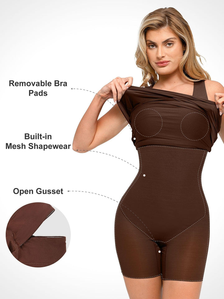 Shapewear Square Neck Sleeveless Ruched Bodycon Mini Dress - Modefluss