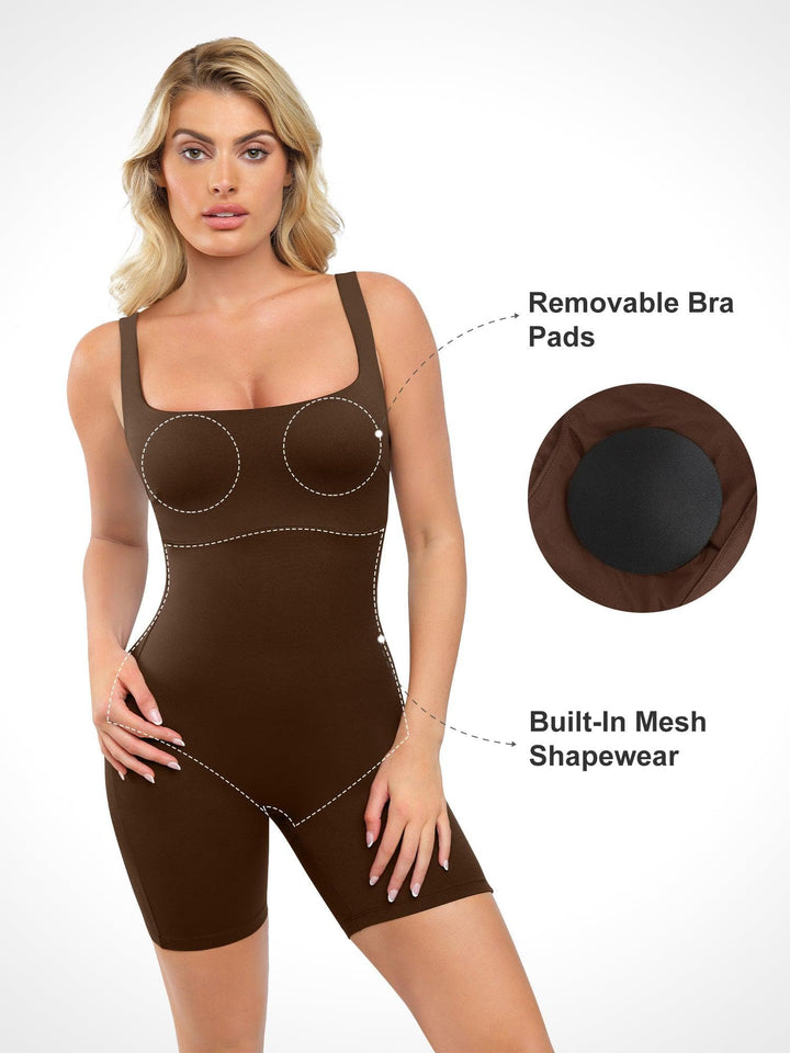 Shapewear Square Neck Slimming Mid-Thigh Workout Romper - Modefluss