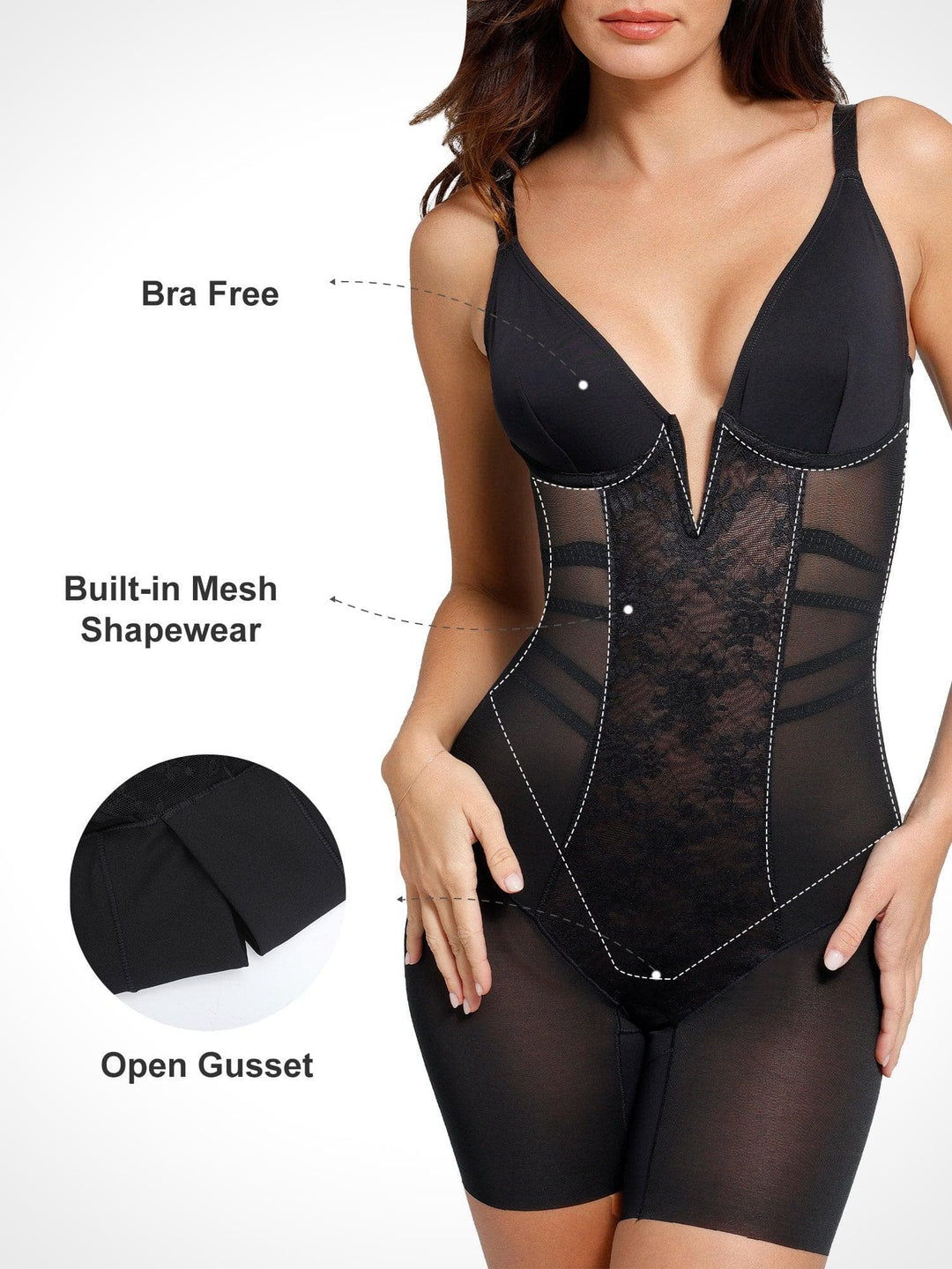 Shapewear Lace Deep V-Neck Tummy Control Mid-Thigh Bodysuit - Modefluss