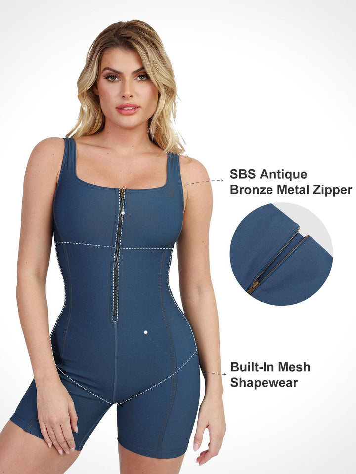 Shapewear Denim Square Neck Zip Front Sculpting Romper - Modefluss