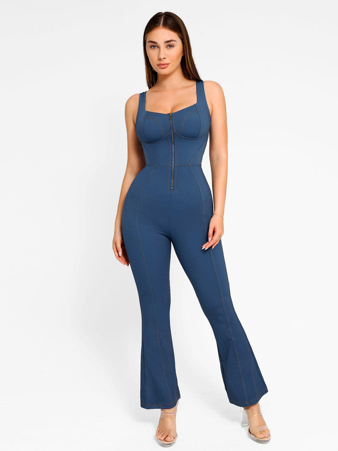 Shapewear Sculpting Denim Tank Flare Leg Jumpsuit - Modefluss