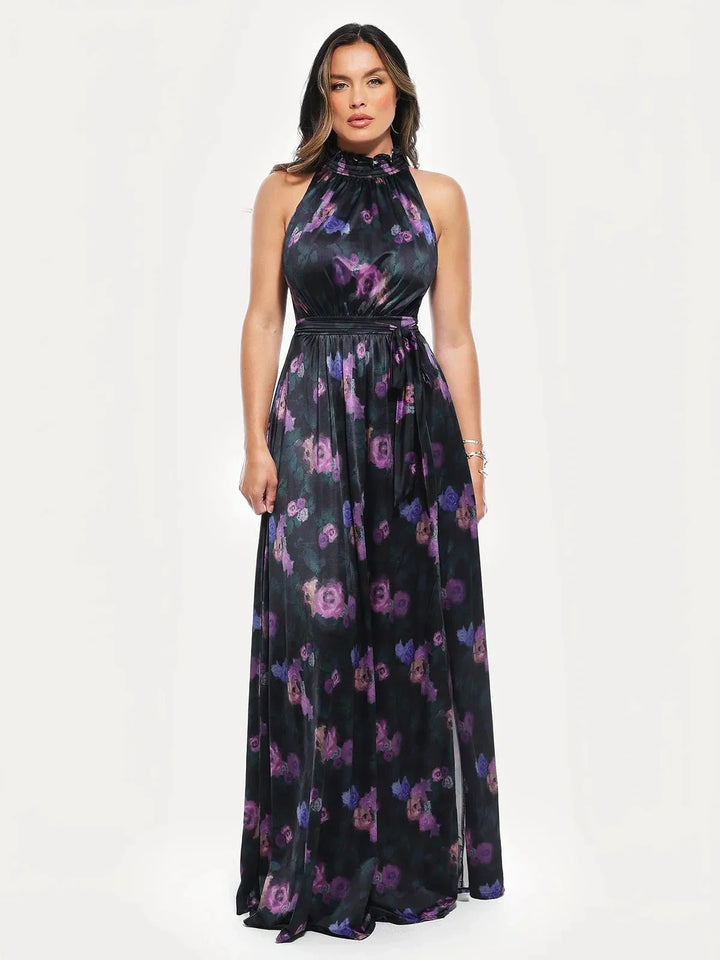 Draped High Neck Sculpting Floral-Print Maxi Dress - Modefluss