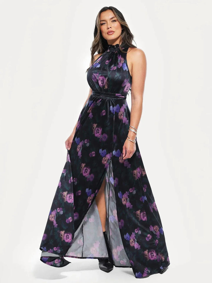 Draped High Neck Sculpting Floral-Print Maxi Dress - Modefluss