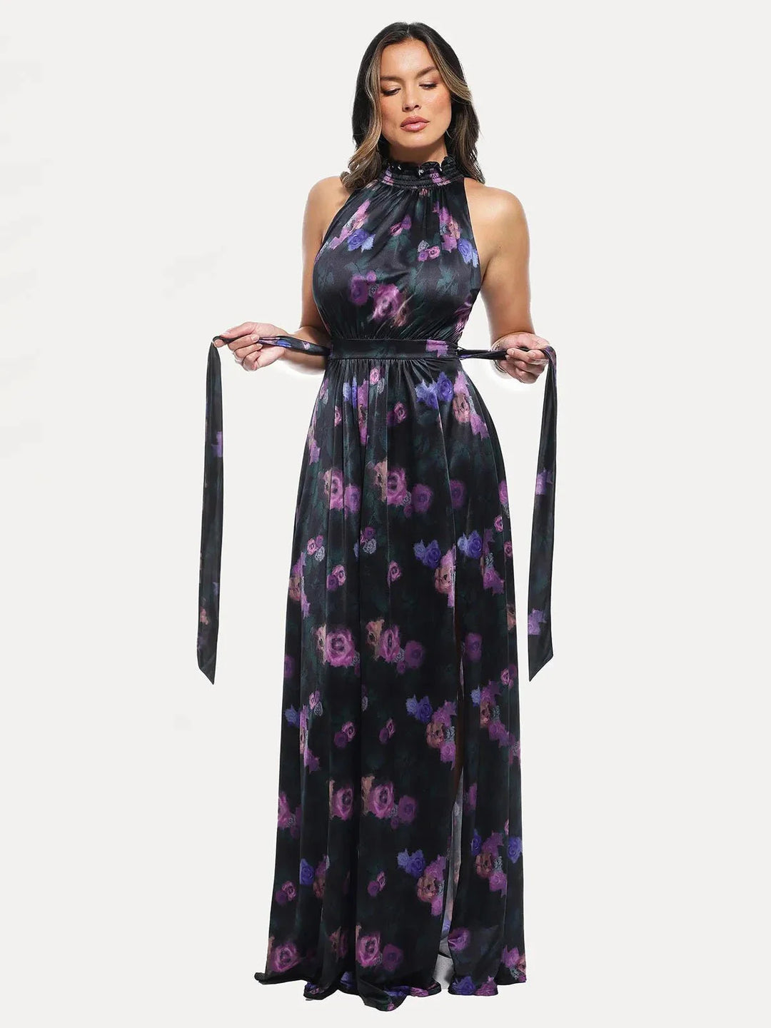 Draped High Neck Sculpting Floral-Print Maxi Dress - Modefluss