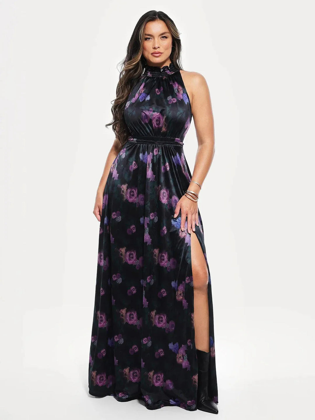 Draped High Neck Sculpting Floral-Print Maxi Dress - Modefluss