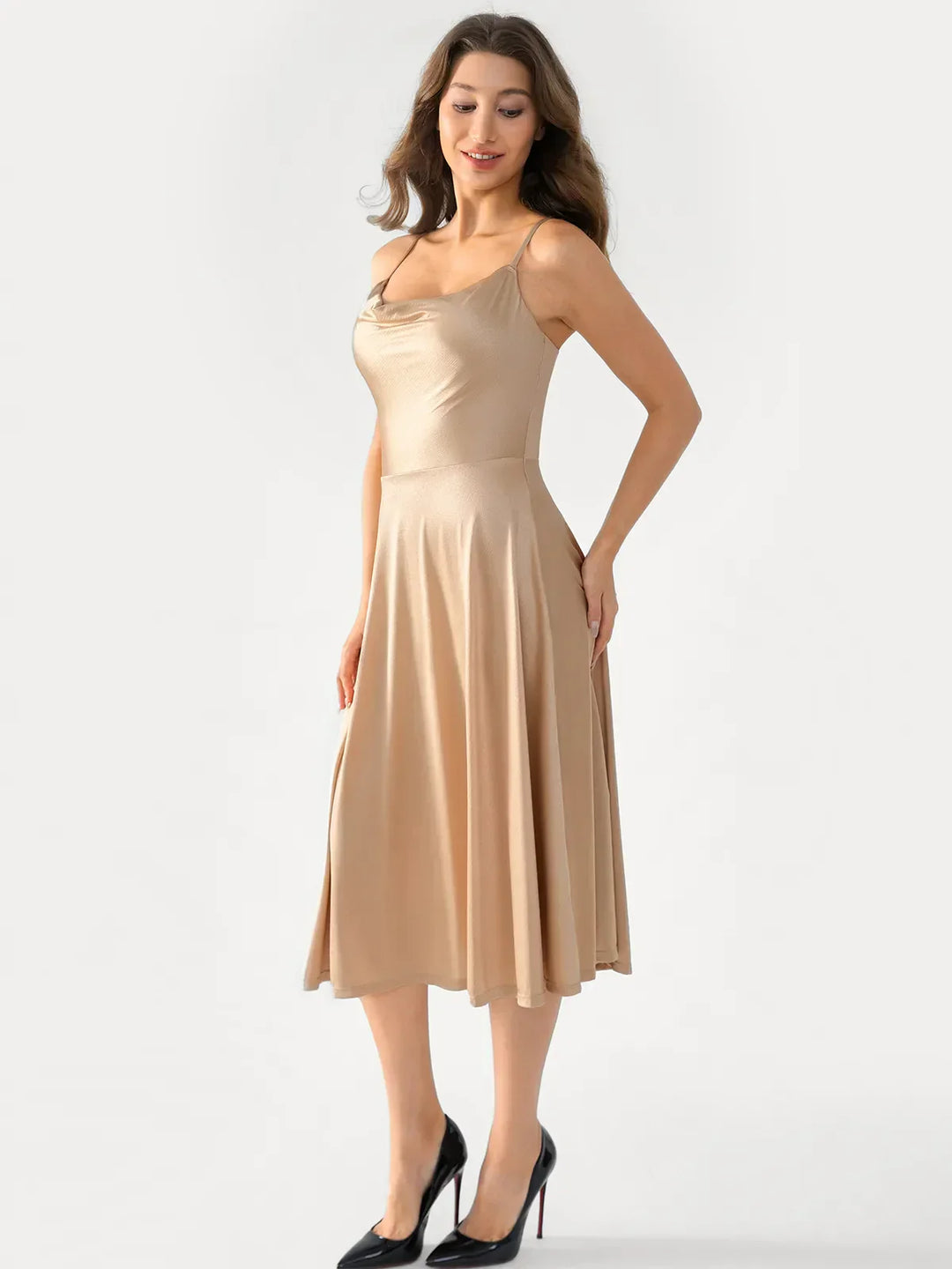 Shapewear Strappy Cowl Neck Fit & Flare Midi Dress - Modefluss