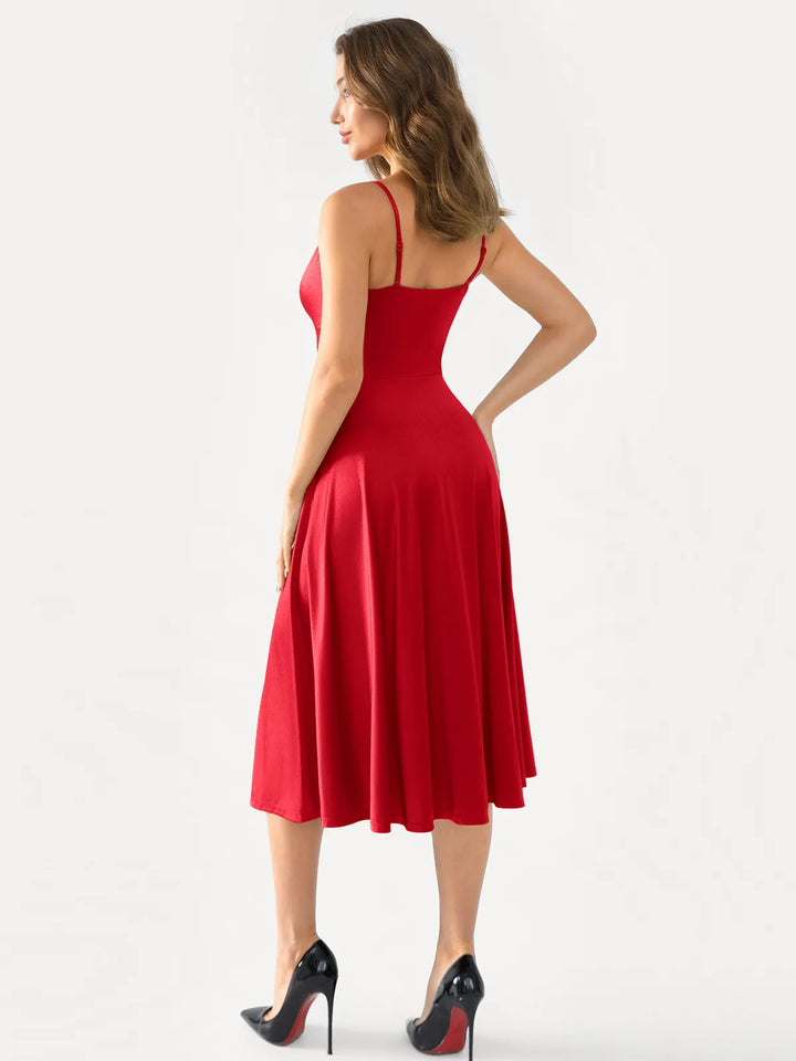 Shapewear Strappy Cowl Neck Fit & Flare Midi Dress - Modefluss