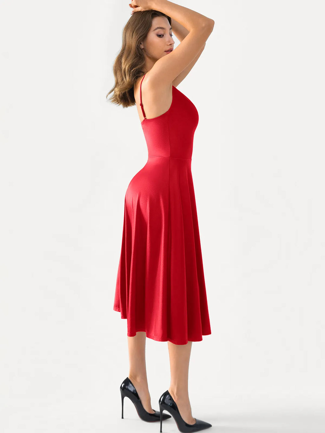 Shapewear Strappy Cowl Neck Fit & Flare Midi Dress - Modefluss