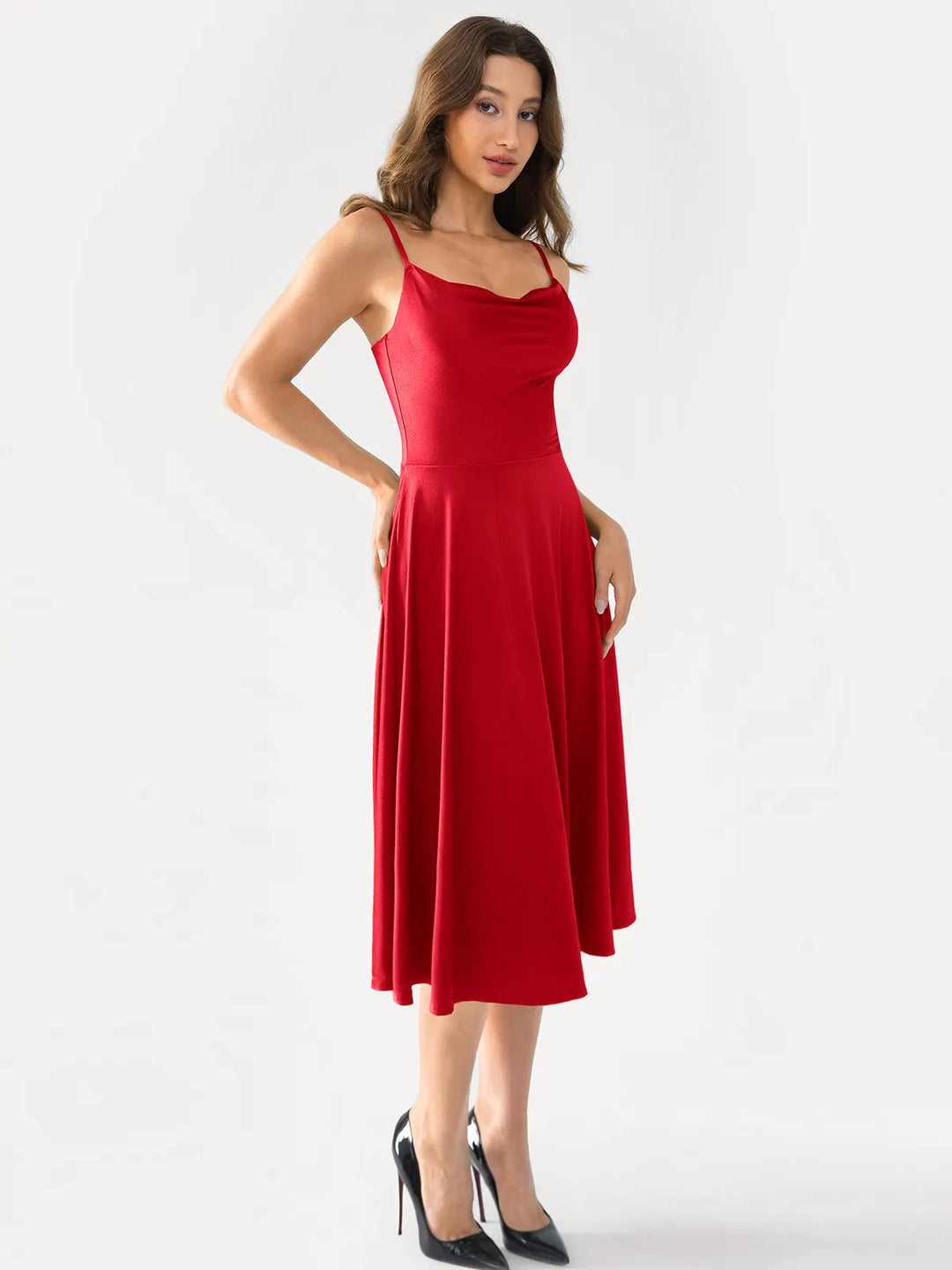 Shapewear Strappy Cowl Neck Fit & Flare Midi Dress - Modefluss