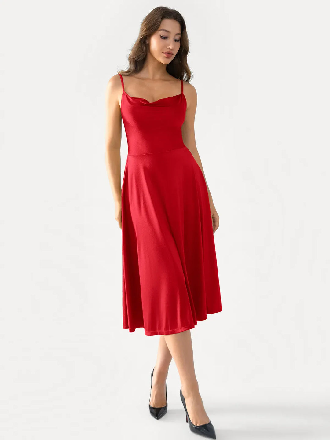 Shapewear Strappy Cowl Neck Fit & Flare Midi Dress - Modefluss