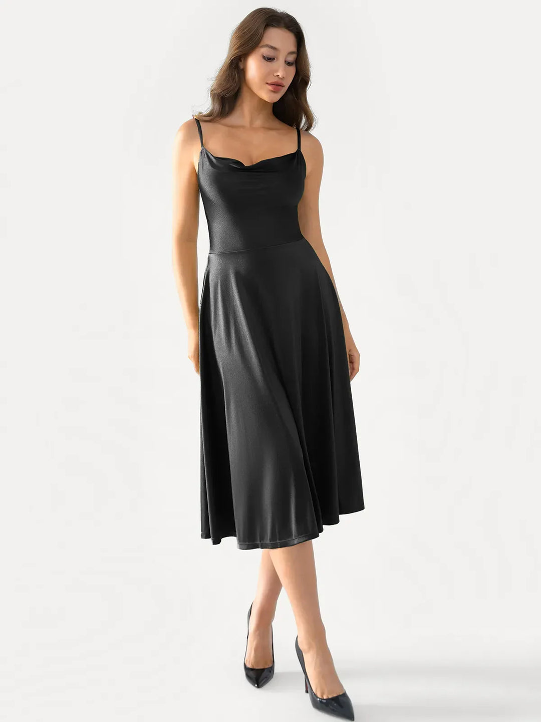 Shapewear Strappy Cowl Neck Fit & Flare Midi Dress - Modefluss