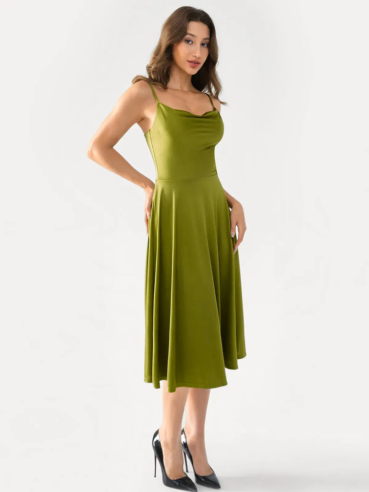 Shapewear Strappy Cowl Neck Fit & Flare Midi Dress - Modefluss