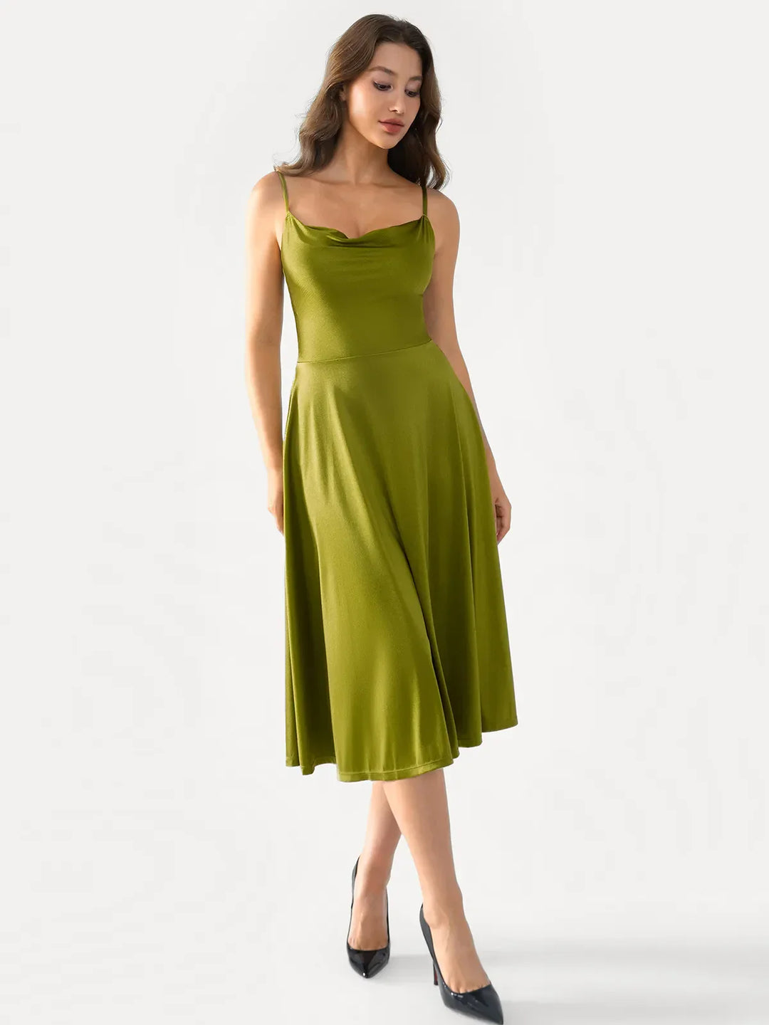 Shapewear Strappy Cowl Neck Fit & Flare Midi Dress - Modefluss