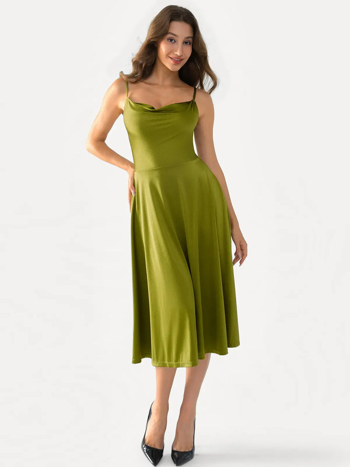 Shapewear Strappy Cowl Neck Fit & Flare Midi Dress - Modefluss