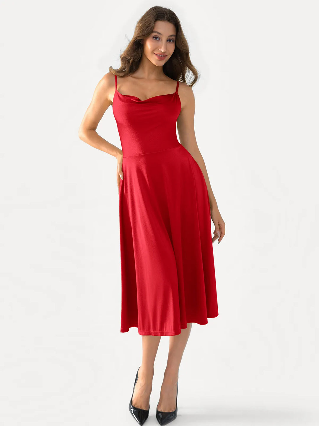 Shapewear Strappy Cowl Neck Fit & Flare Midi Dress - Modefluss