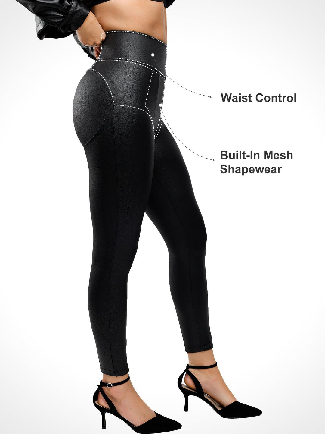 Shapewear Faux Leather Tummy Control High Rise Leggings - Modefluss