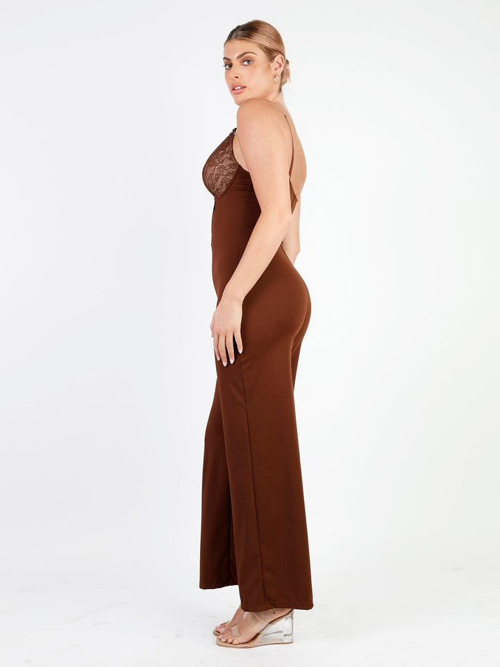 Shapewear Lace Deep V-Neck Sculpting Wide Leg Jumpsuit - Modefluss