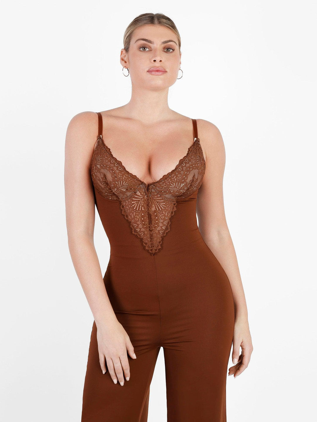Shapewear Lace Deep V-Neck Sculpting Wide Leg Jumpsuit - Modefluss