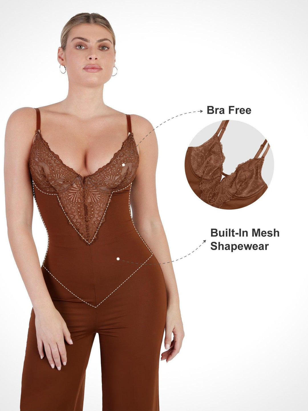 Shapewear Lace Deep V-Neck Sculpting Wide Leg Jumpsuit - Modefluss