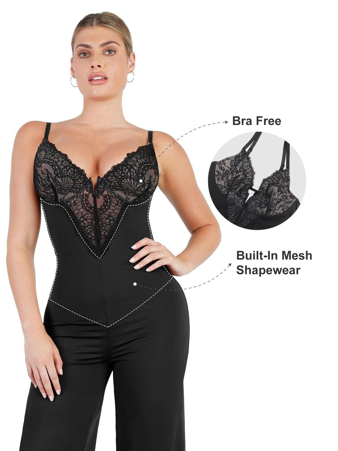 Shapewear Lace Deep V-Neck Sculpting Wide Leg Jumpsuit - Modefluss