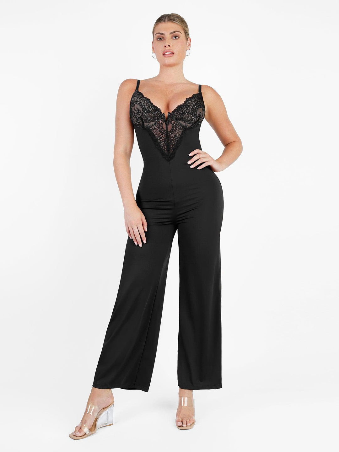 Shapewear Lace Deep V-Neck Sculpting Wide Leg Jumpsuit - Modefluss