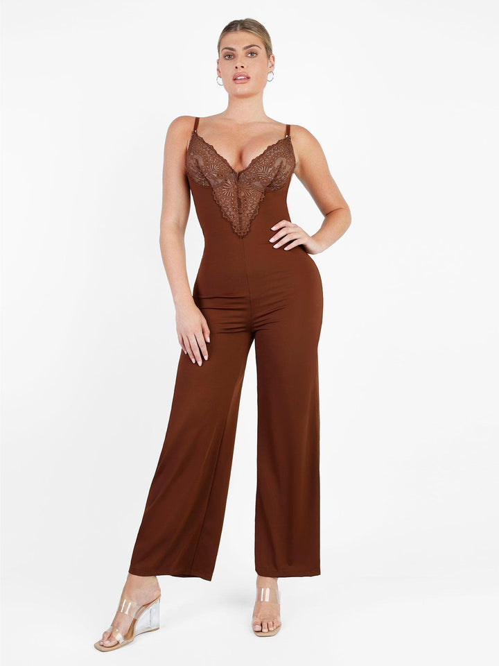 Shapewear Lace Deep V-Neck Sculpting Wide Leg Jumpsuit - Modefluss