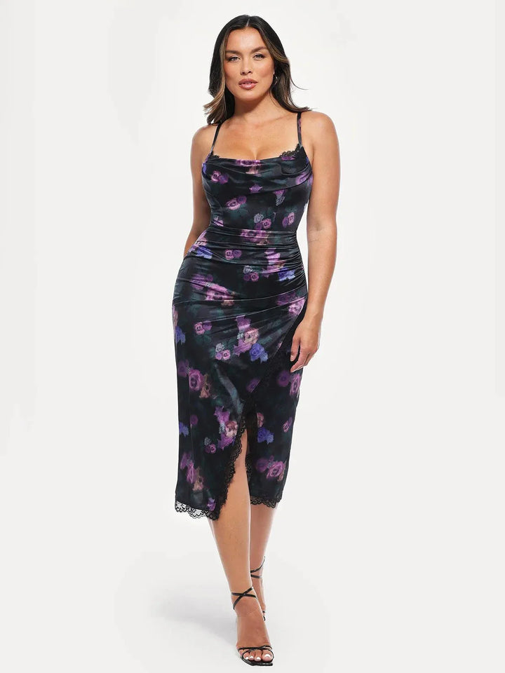 Lace Trim Sculpting Floral-Print Midi Dress - Modefluss