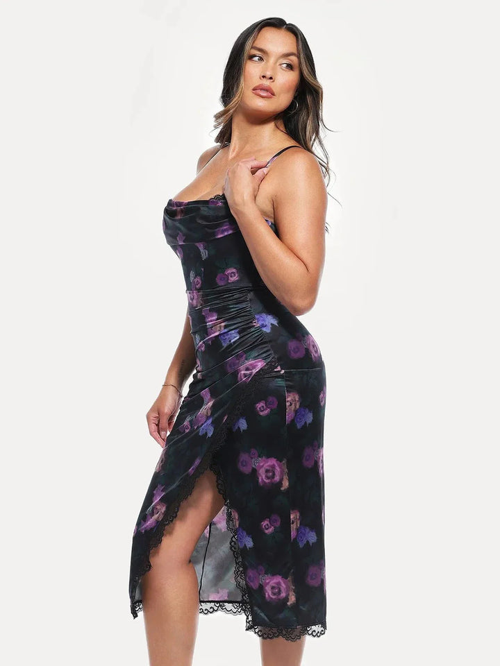 Lace Trim Sculpting Floral-Print Midi Dress - Modefluss