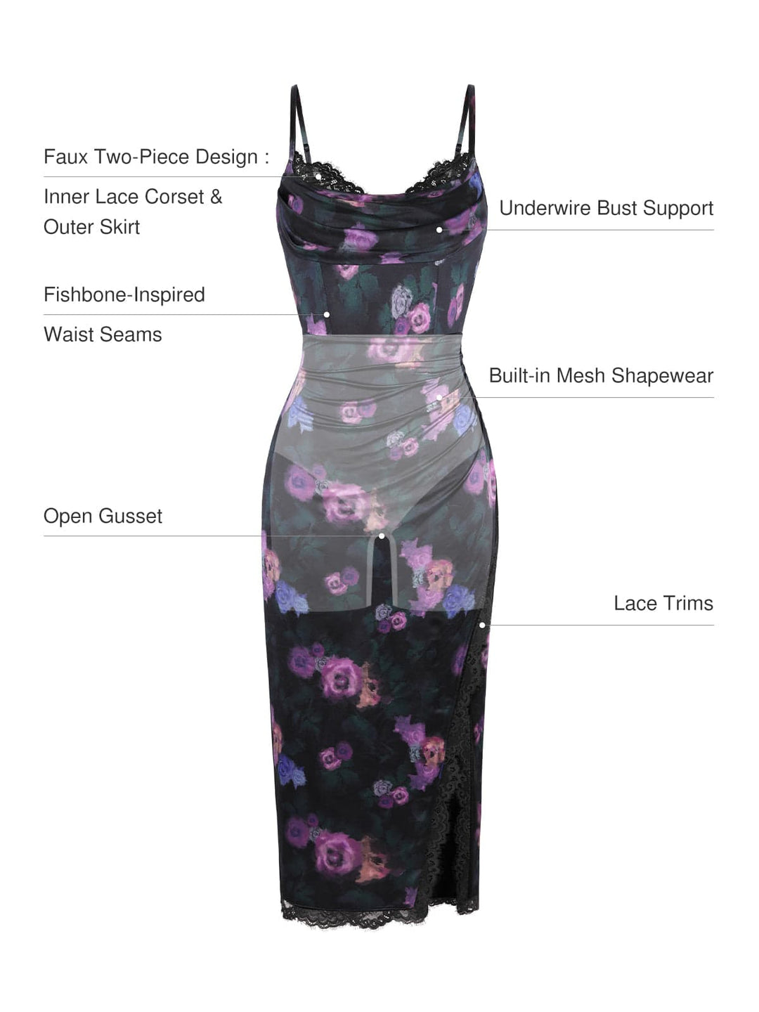 Lace Trim Sculpting Floral-Print Midi Dress - Modefluss