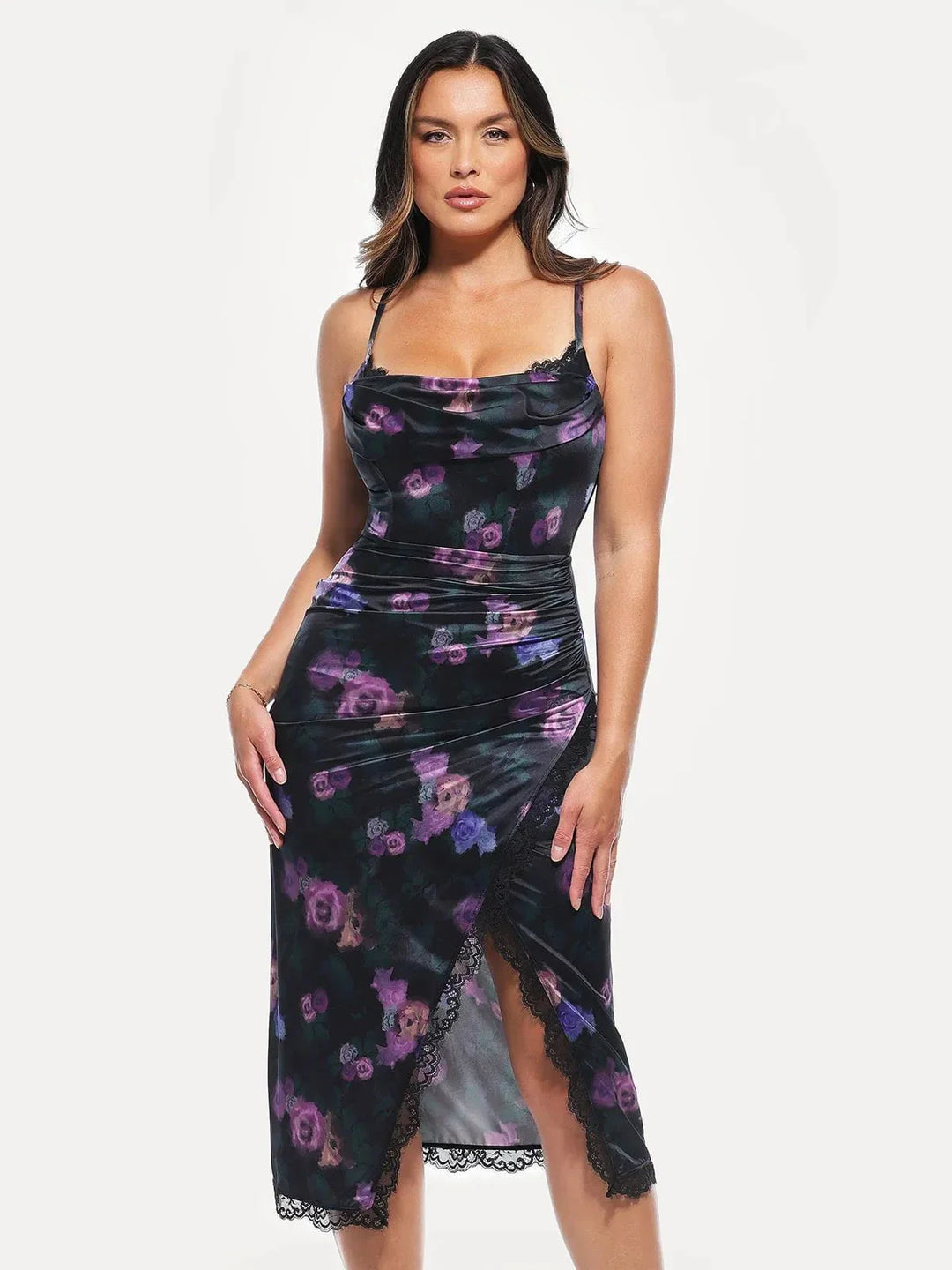Lace Trim Sculpting Floral-Print Midi Dress - Modefluss
