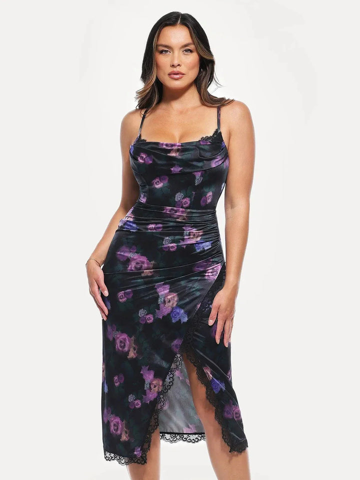 Lace Trim Sculpting Floral-Print Midi Dress - Modefluss