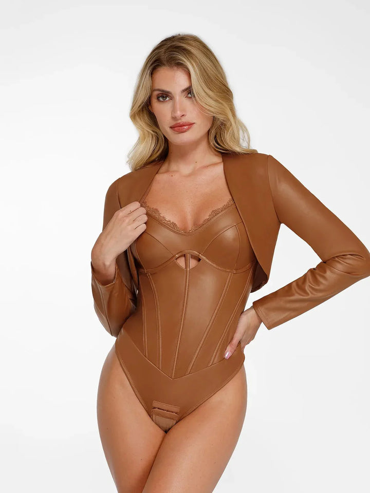 Long Sleeve Faux Leather Bolero Jacket - Modefluss