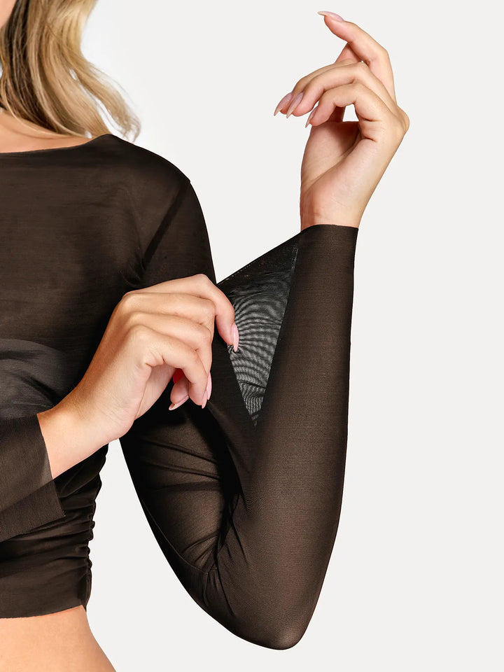 Long Sleeve Ruched Sheer Mesh Crop Top - Modefluss