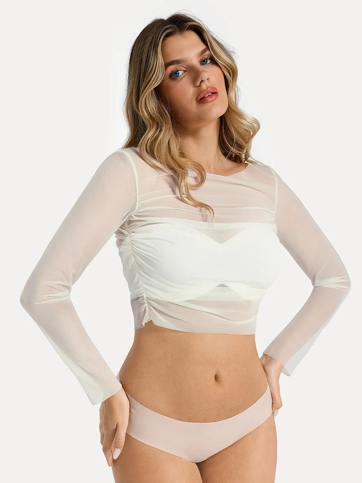 Long Sleeve Ruched Sheer Mesh Crop Top - Modefluss