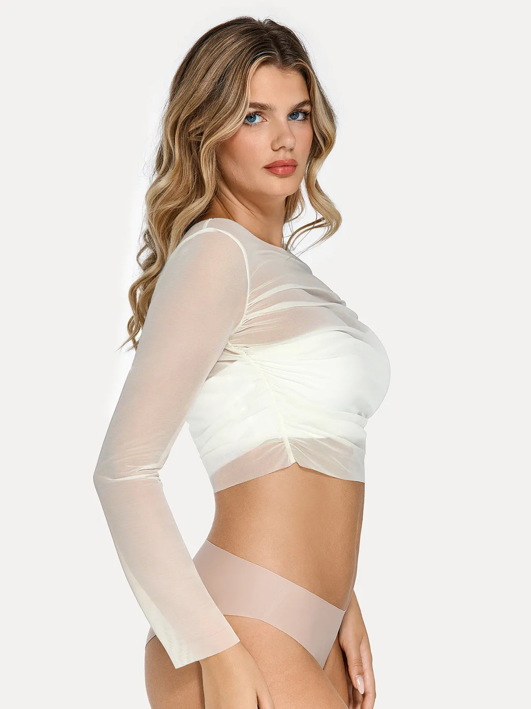 Long Sleeve Ruched Sheer Mesh Crop Top - Modefluss