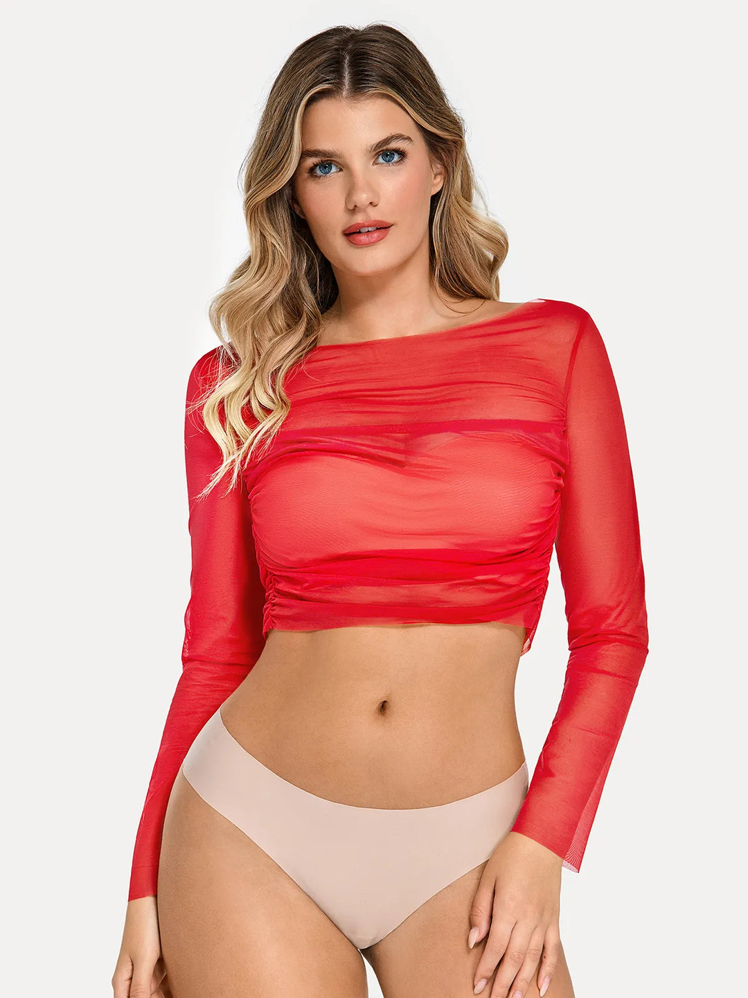 Long Sleeve Ruched Sheer Mesh Crop Top - Modefluss