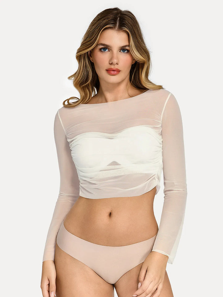 Long Sleeve Ruched Sheer Mesh Crop Top - Modefluss