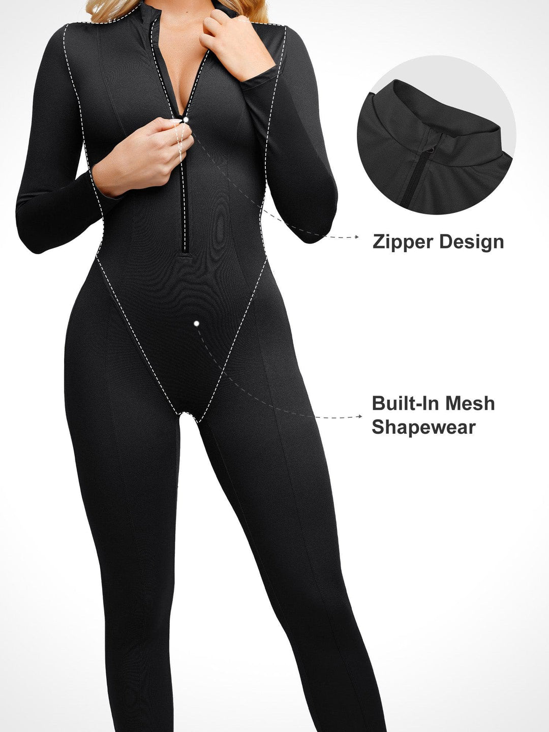 Shapewear Long Sleeve Mock Neck Zip Front Sculpting Jumpsuit - Modefluss