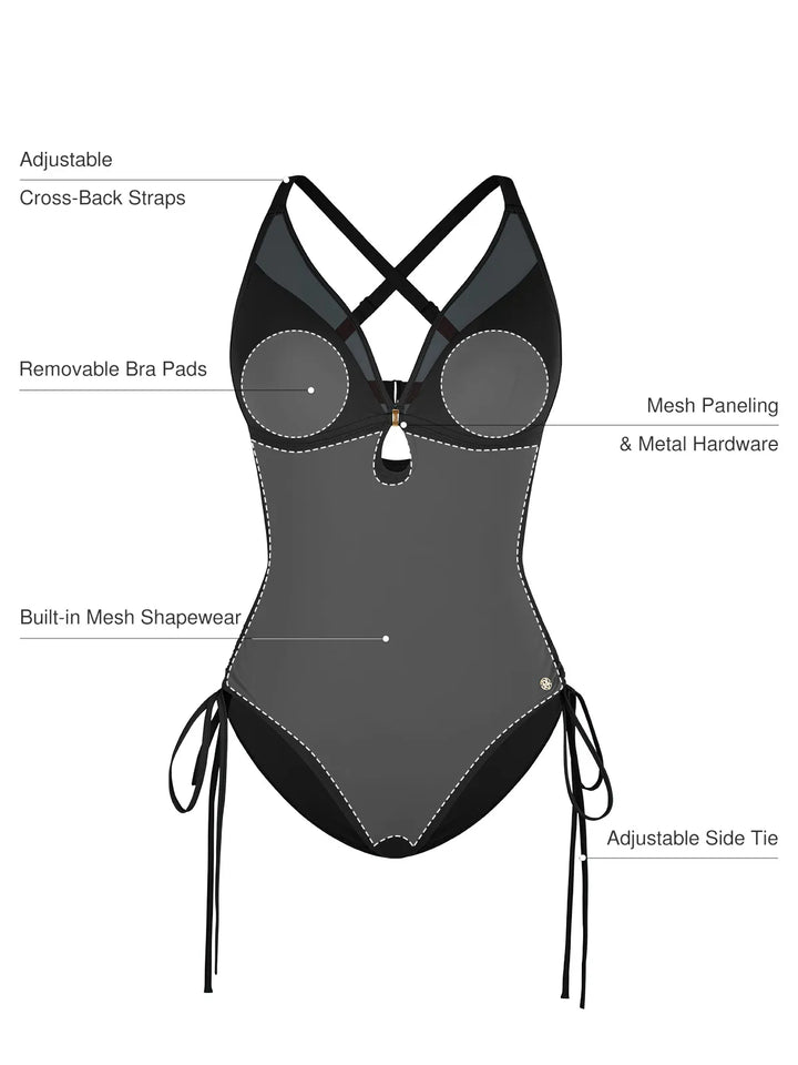 Mesh Inset Tie-Side Sculpting One-Piece Swimsuit - Modefluss