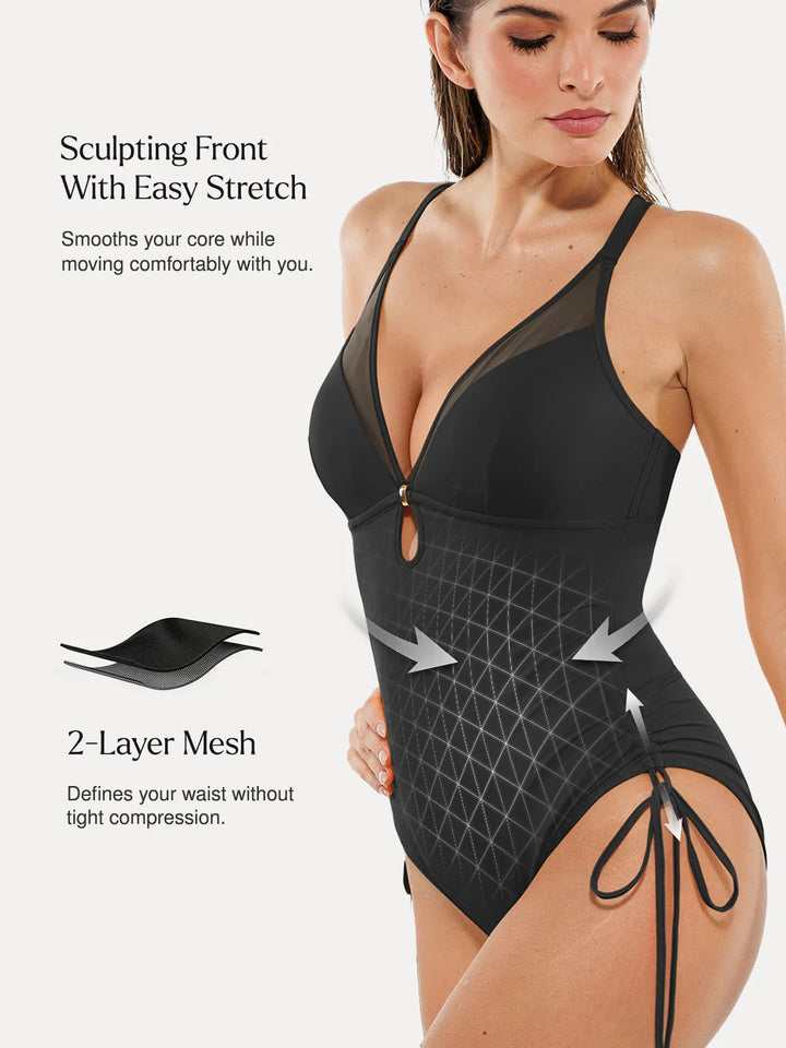 Mesh Inset Tie-Side Sculpting One-Piece Swimsuit - Modefluss