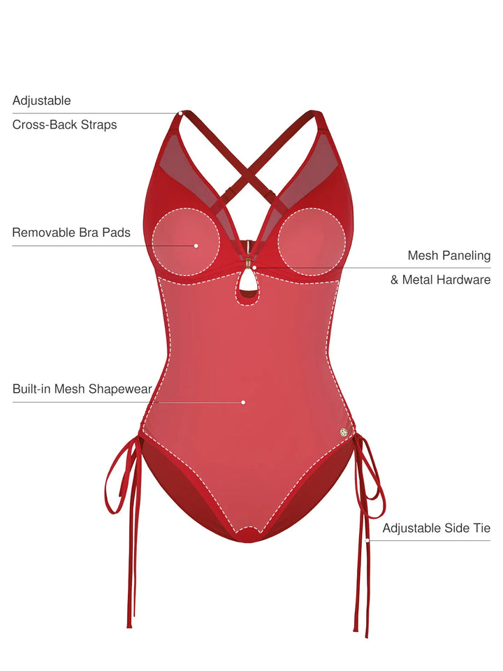 Mesh Inset Tie-Side Sculpting One-Piece Swimsuit - Modefluss