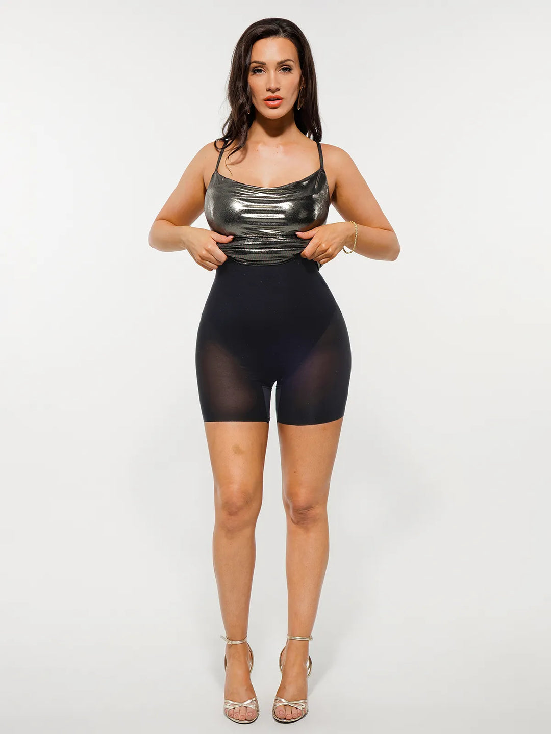 Metallic Cowl Neck Side Ruched Sculpting Tummy Control Midi Dress - Modefluss