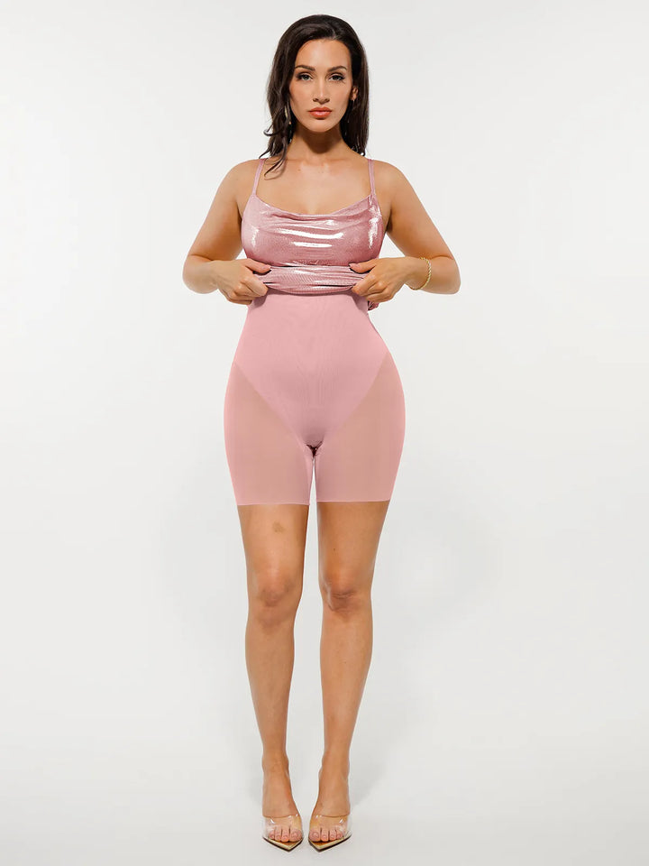 Metallic Cowl Neck Side Ruched Sculpting Tummy Control Midi Dress - Modefluss