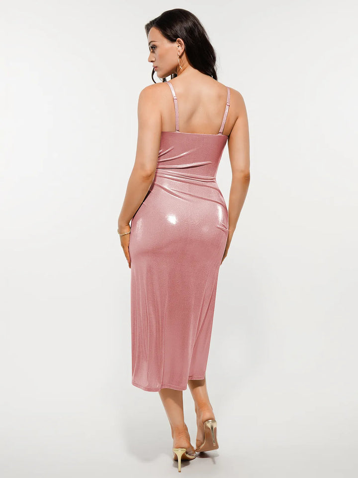 Metallic Cowl Neck Side Ruched Sculpting Tummy Control Midi Dress - Modefluss