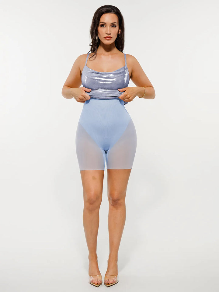 Metallic Cowl Neck Side Ruched Sculpting Tummy Control Midi Dress - Modefluss
