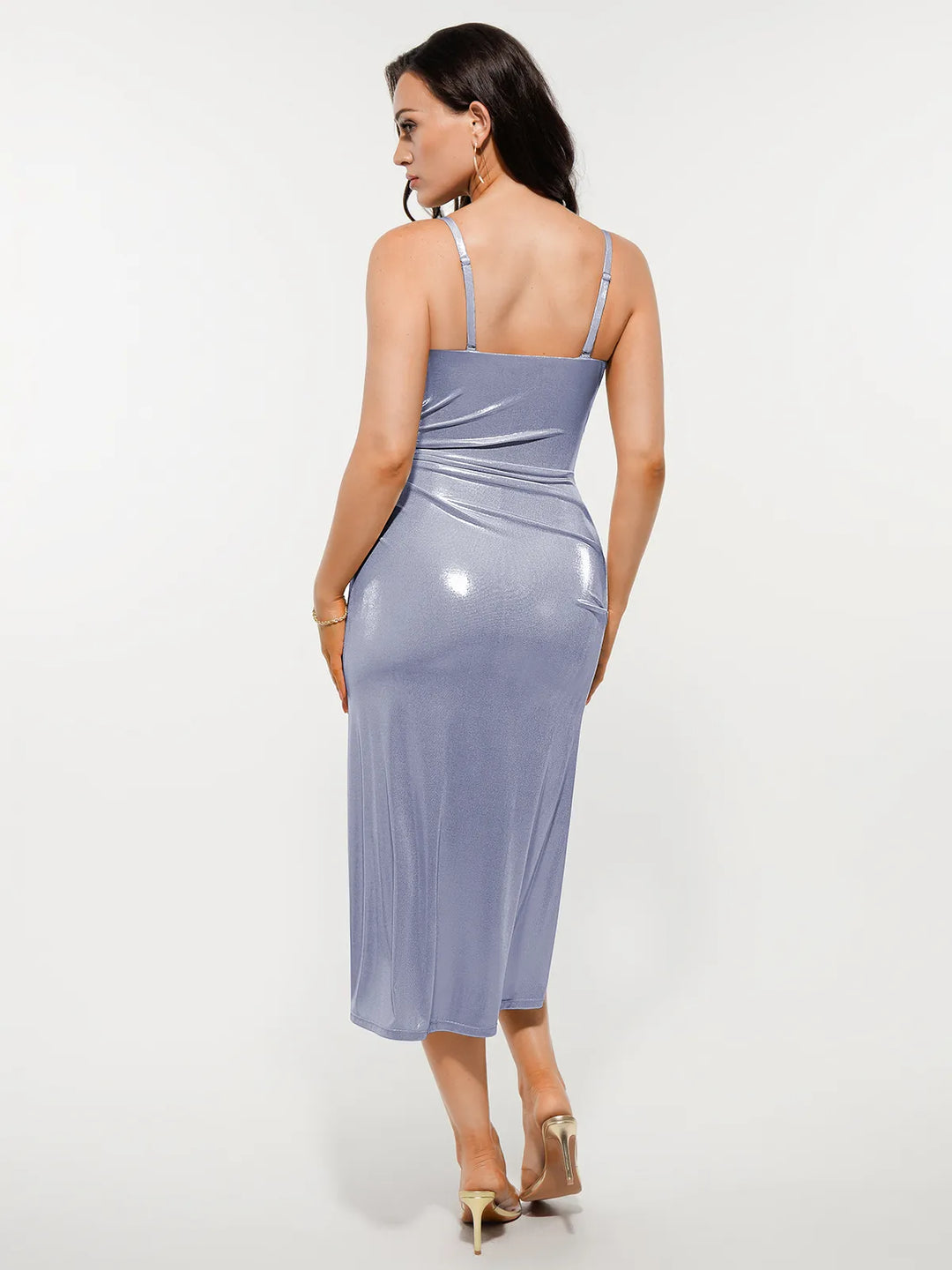Metallic Cowl Neck Side Ruched Sculpting Tummy Control Midi Dress - Modefluss