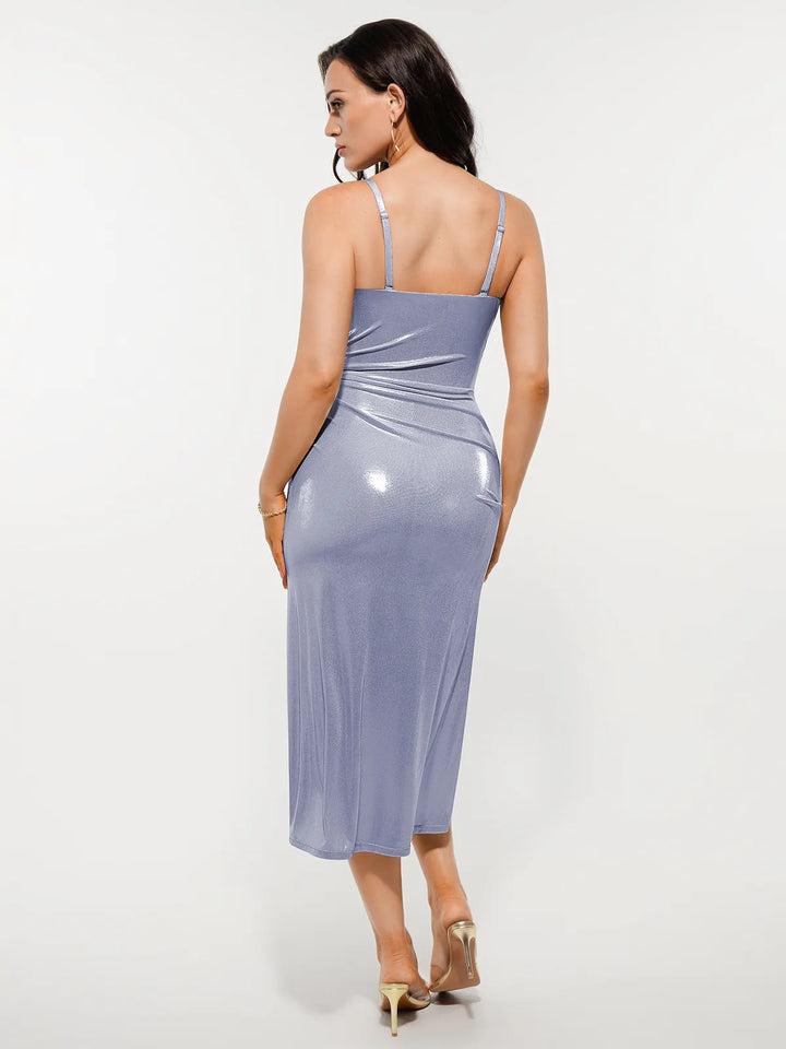 Metallic Cowl Neck Side Ruched Sculpting Tummy Control Midi Dress - Modefluss